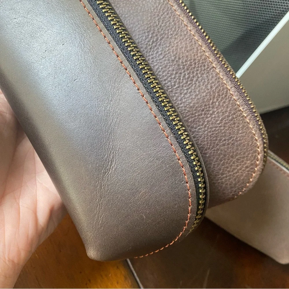 Crazy Horse Real Leather Brown Zipper Pencil Pouch Makeup Bag